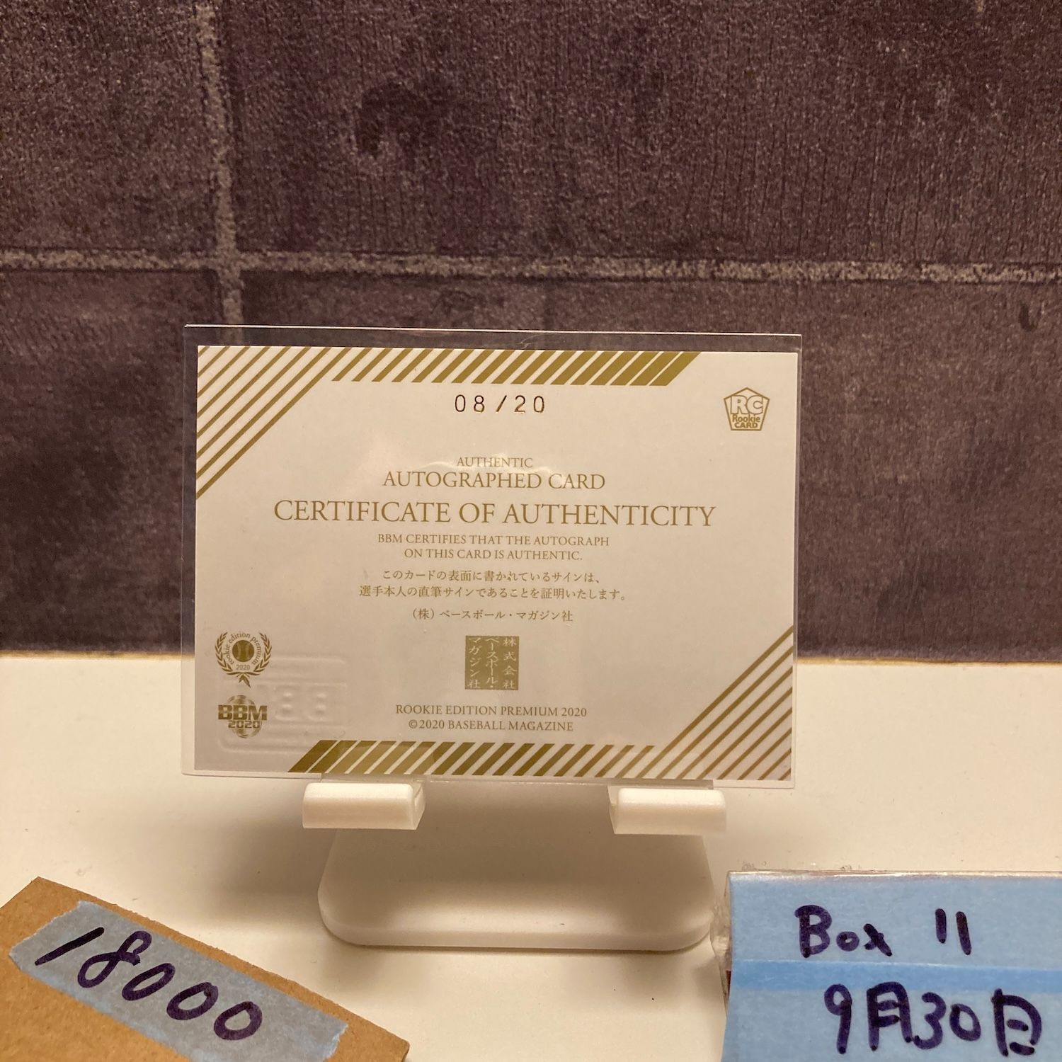 2020 BBM 西純矢 08/20 直筆サイン 阪神タイガース RC ルーキー Rookie