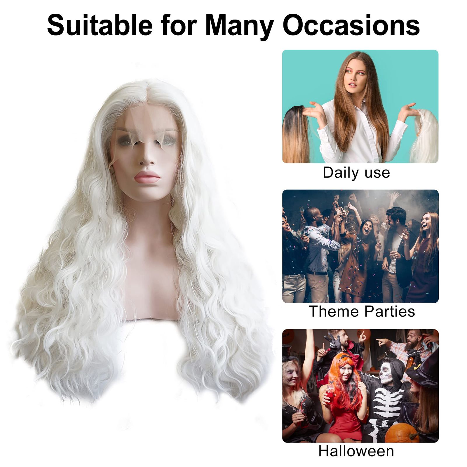61cm 合成繊維 日常使用 ホワイト 女の子用 ウェーブのかかった カーリー ふわふわ ロング 耐熱性 レースフロントウィッグ VOCOSTE