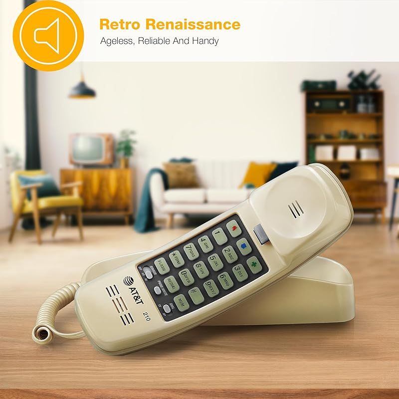 AT-T TRIMLINE 210 コード付き家庭用電話 AC電源不要 改良された壁取り付け簡単 大きなボタンキーパッド 13個のスピードダイヤルキー 最後の番号リダイヤル ミュート フラッシュ ボリュームコントロール ベージュ 1
