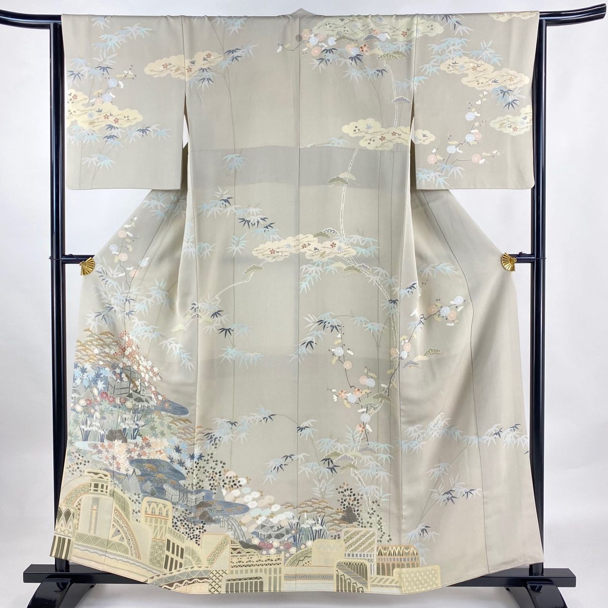 訪問着 身丈158cm 裄丈64.5cm M 袷 千總 落款 松竹梅 垣根 刺繍 ベージュ 正絹 一つ紋