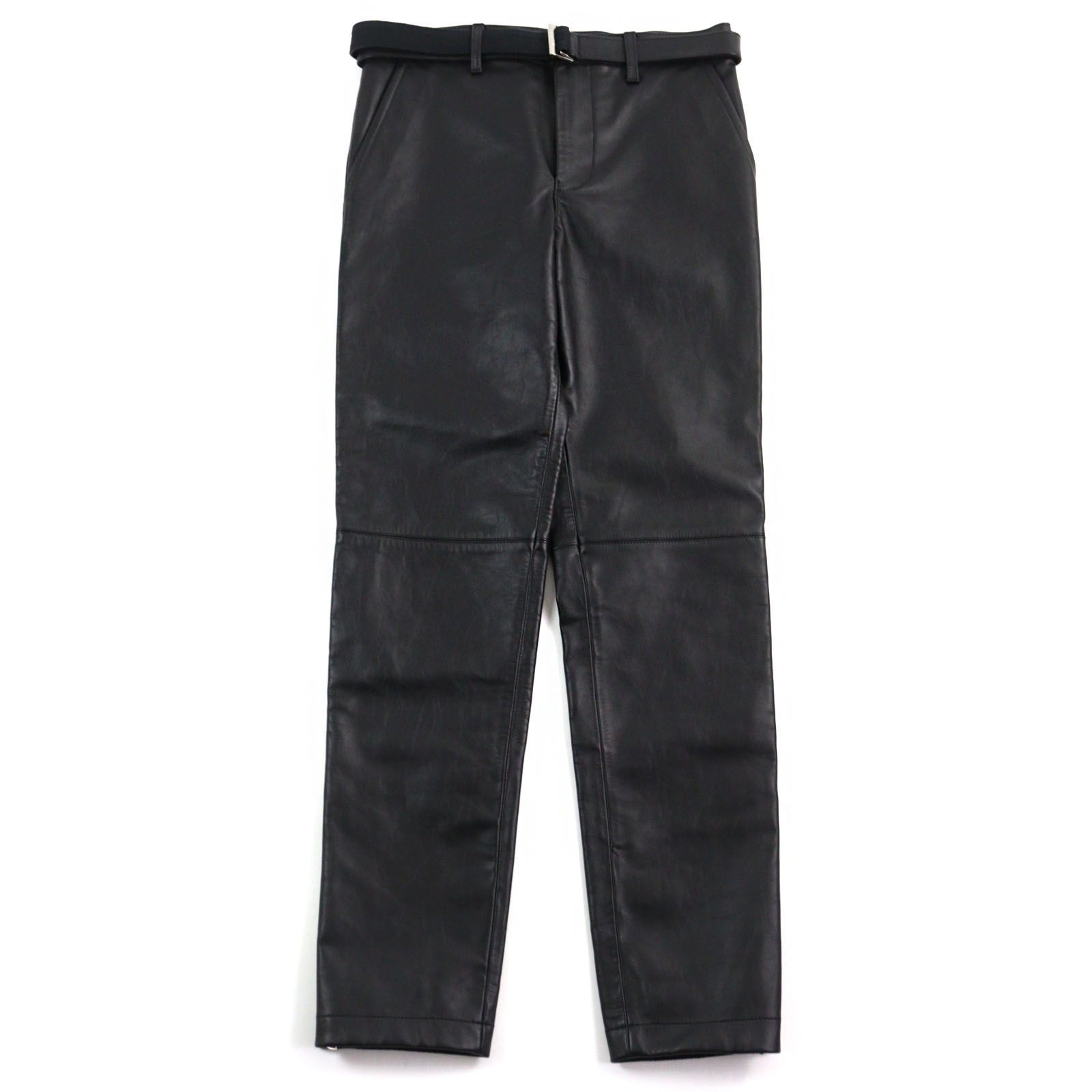 極美品Sacai サカイ 22AW 22-02877M LEATHER PANTS 牛革 ロゴベルト付き 裾ファスナー レザーパンツ ブラック 2 正規品 メンズ