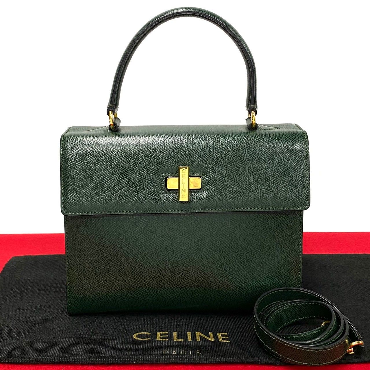 未使用保管品 CELINE セリーヌ ヴィンテージ ロゴ 金具 レザー 本革 ターンロック 2way ハンドバッグ ショルダーバッグ グリーン  19865 - メルカリ