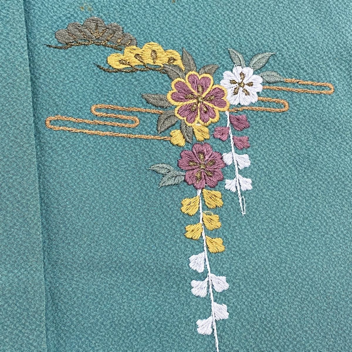 付下げ 身丈158cm 裄丈65cm M 単衣 草花 ヱ霞 刺繍 金糸 緑 正絹