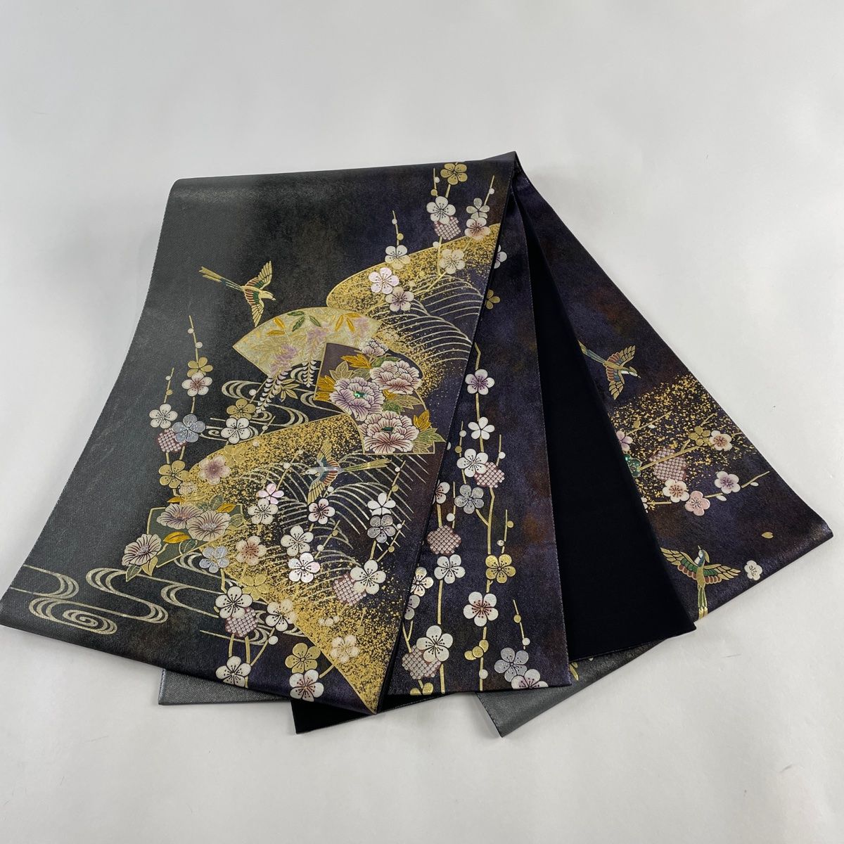 袋帯 秀品 扇面 花鳥 金銀彩 螺鈿 濃紫 お太鼓柄 正絹 【中古】 - メルカリ