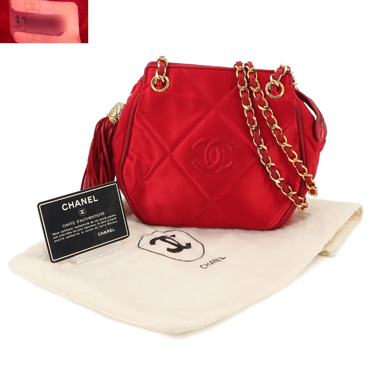 CHANEL レッド サテン ショルダーバッグ