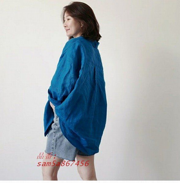 長袖シャツ オープンシャツ ゆったり スカイブルー 鮮やか クリックポストで発送可 ほっそり効果大 女子会 ミセス 20代30代40代50代60代 am5a867456
