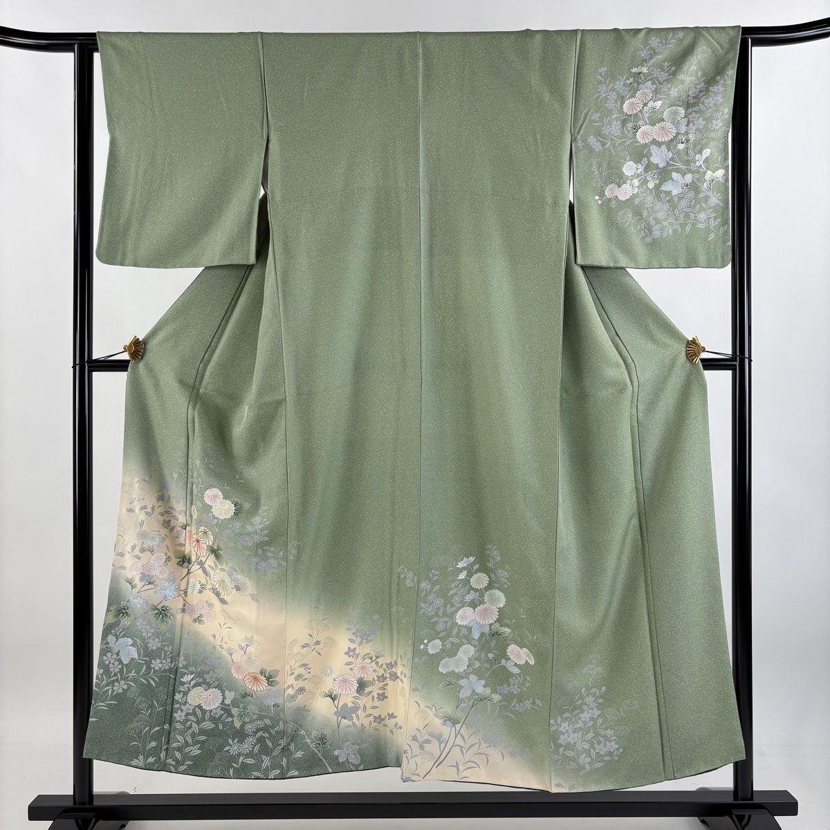 訪問着 身丈152cm 裄丈62.5cm S 袷 菊 撫子 金銀彩 螺鈿 薄緑 正絹 秀品
