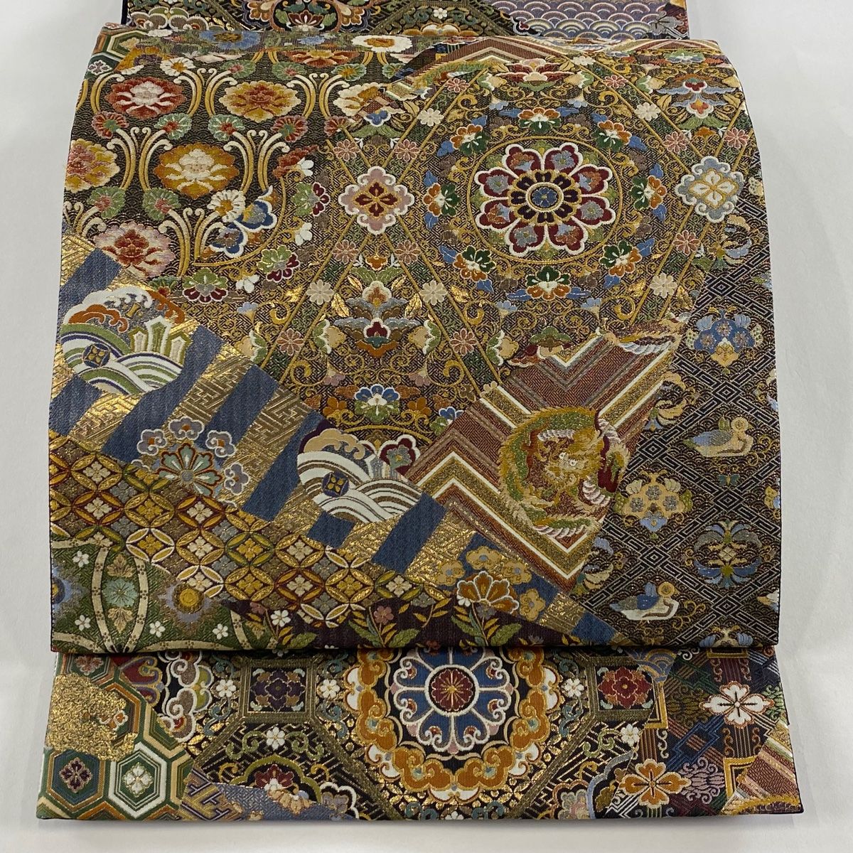 袋帯 秀品 華文 名物裂 箔 金茶 六通 正絹