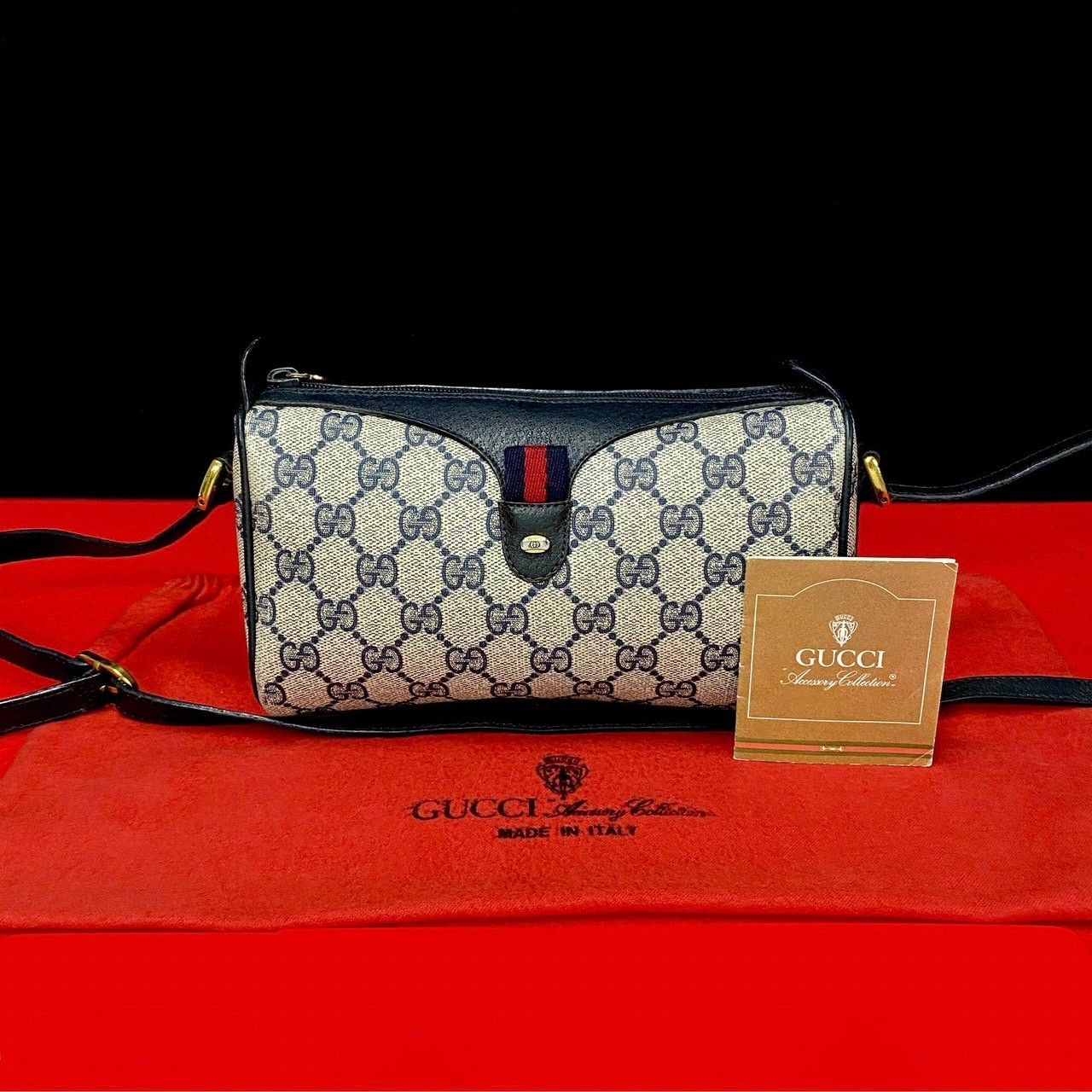 極 美品 GUCCI グッチ オールドグッチ ヴィンテージ シェリーライン GG ロゴ 金具 レザー ショルダーバッグ ポシェット ネイビー 33629