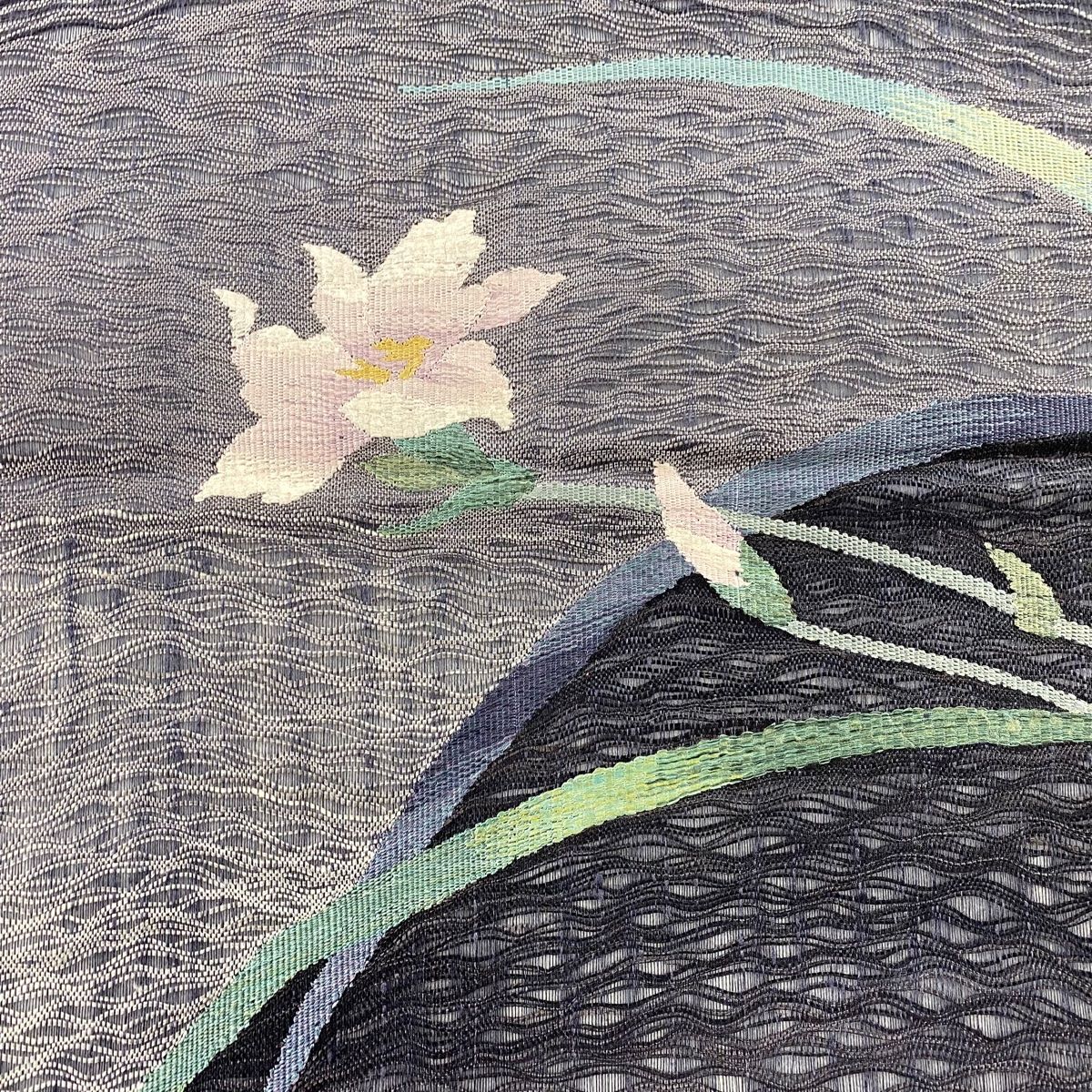 袋帯 秀品 やまと 草花 金糸 青灰色 お太鼓柄 正絹