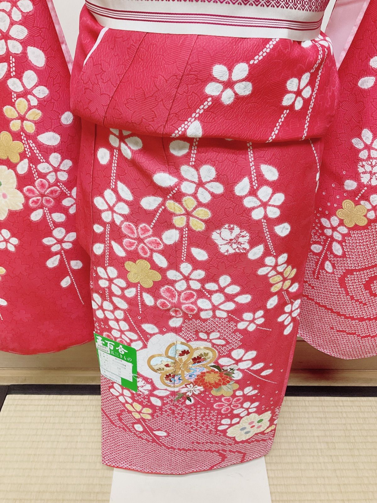 七五三 七歳用 四つ身 女の子晴れ着 正絹 描き疋田 絞り 刺繍 サーモン 
