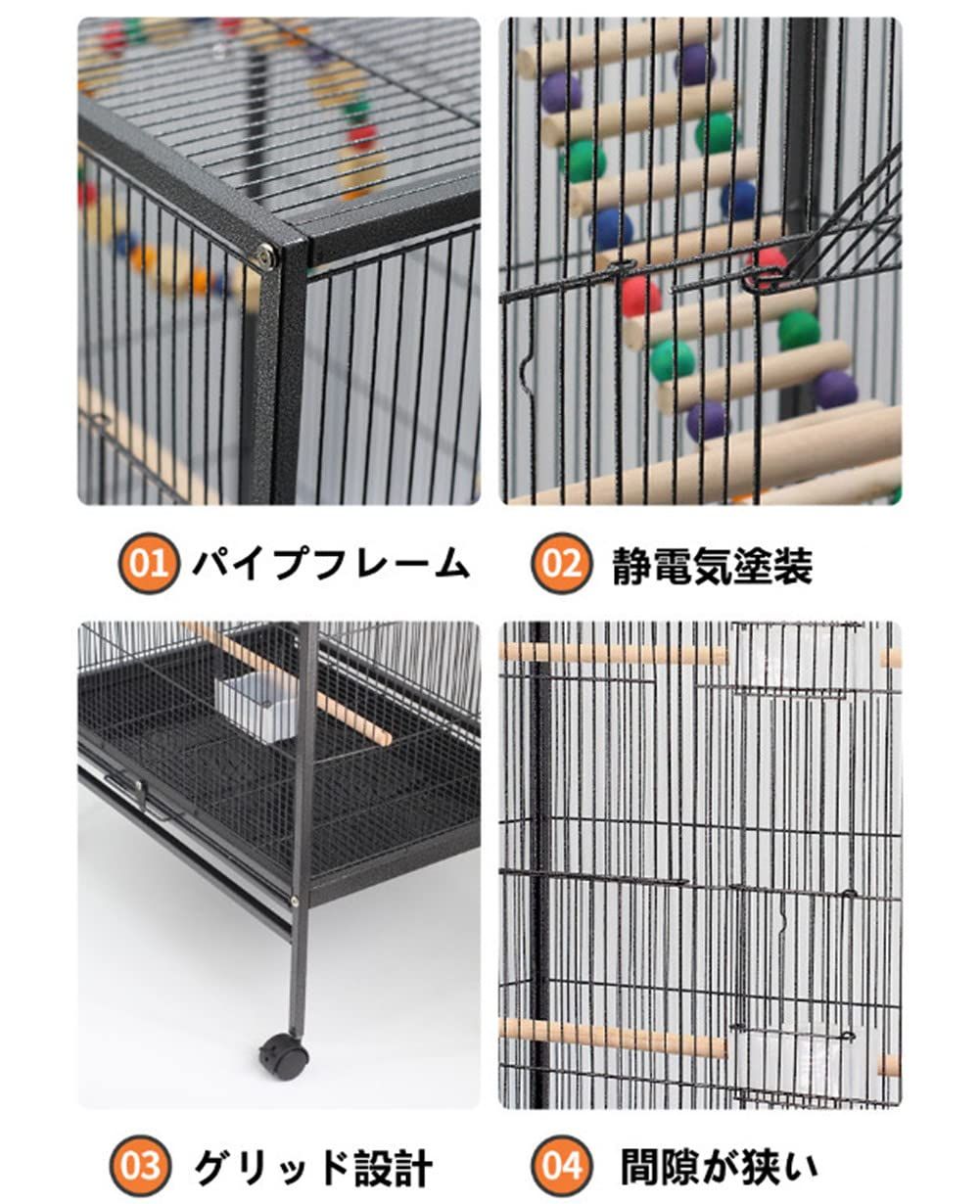 【新品未使用】オウムケージ インコ オカメ 複数飼い セキセイ 大きい 豪華ケージ ボタン 大型 バードゲージ 文鳥 鳥かご 45.5*45.5*77CM 鳥ケージ hum ブラック Aeon