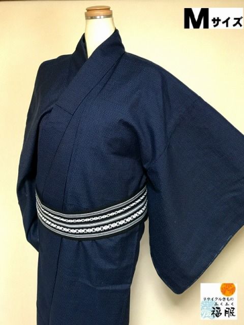 ウール 男物 濃紺地に蚊絣文様 単衣 裄70cm Mサイズ