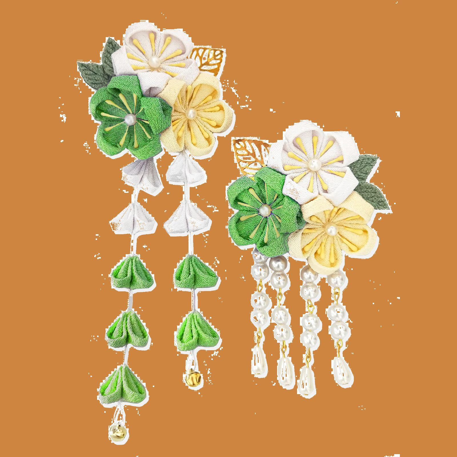  【数量限定】グレー ピンク 紫 黄 赤 手作り 鈴付き 白と青 結婚式 卒業式 花 つまみ細工 和装 振袖 着物 6色 袴 浴衣 七五三 成人式 髪飾り2点セット [JZOON] 和装小物