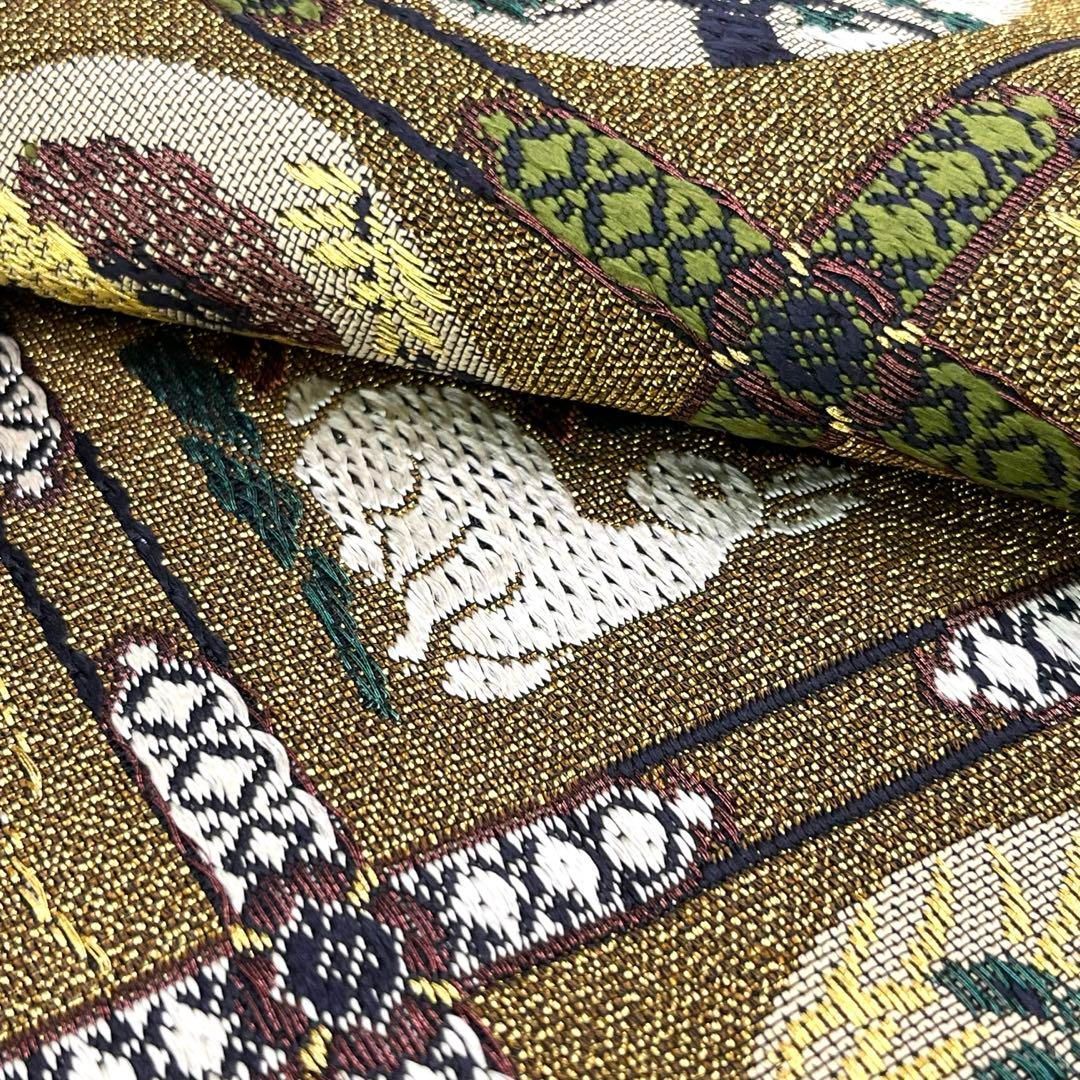袋帯 華羅紗 格子に有栖川 荒磯 花兎 花模様 金銀糸 黄茶色 O-3850  