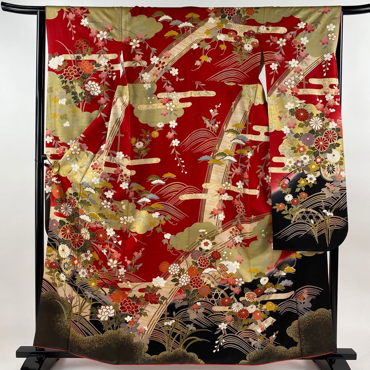 振袖 身丈161cm 裄丈64cm M 袷 花車 波 金糸 金彩 オレンジ 正絹 名品 中古 振袖 身丈161cm 裄丈64cm M 袷 花車 鶴 金彩 染分け 薄茶色 正絹 秀品