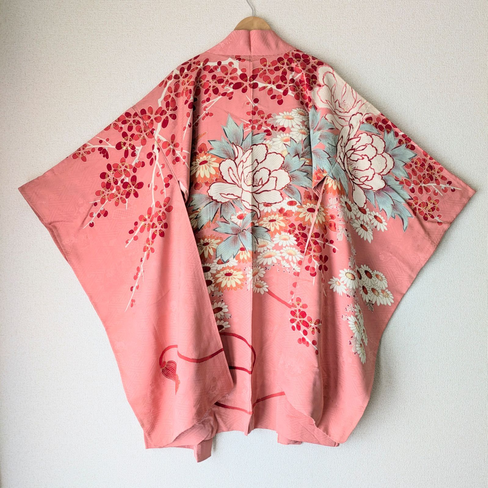 正絹桃色長羽織 （Japanese Vintage Haori Long Chirimen Pink Floral 