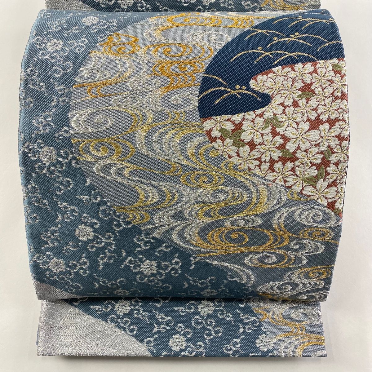 袋帯 桜 観世水 金銀糸 刺繍 青灰色 六通 正絹