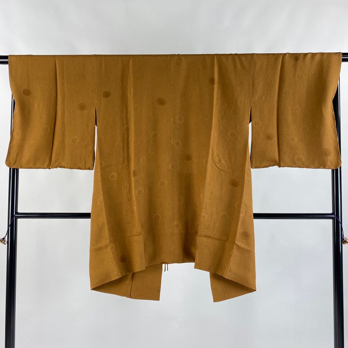 道中着 身丈89.5cm 裄丈67.5cm L 和装コート 花 地紋 茶色 正絹 秀品