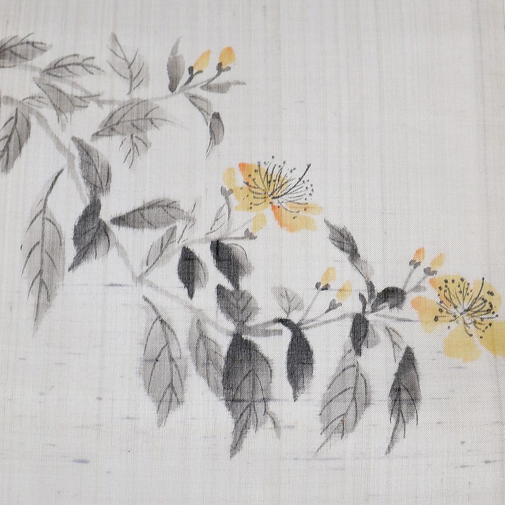 絹芭蕉 名古屋帯 正絹 ライトグレー 手描き 花柄 N3029 未使用品