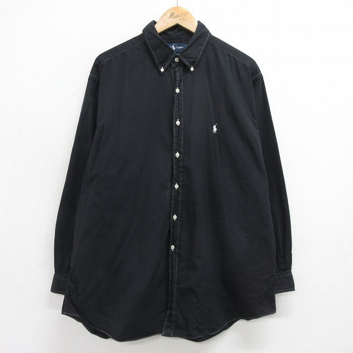 XL/古着 ラルフローレン 長袖 ブランド シャツ メンズ 90s ワンポイントロゴ YARMOUTH 大きいサイズ ロング丈 コットン ボタンダウン 黒 ブ