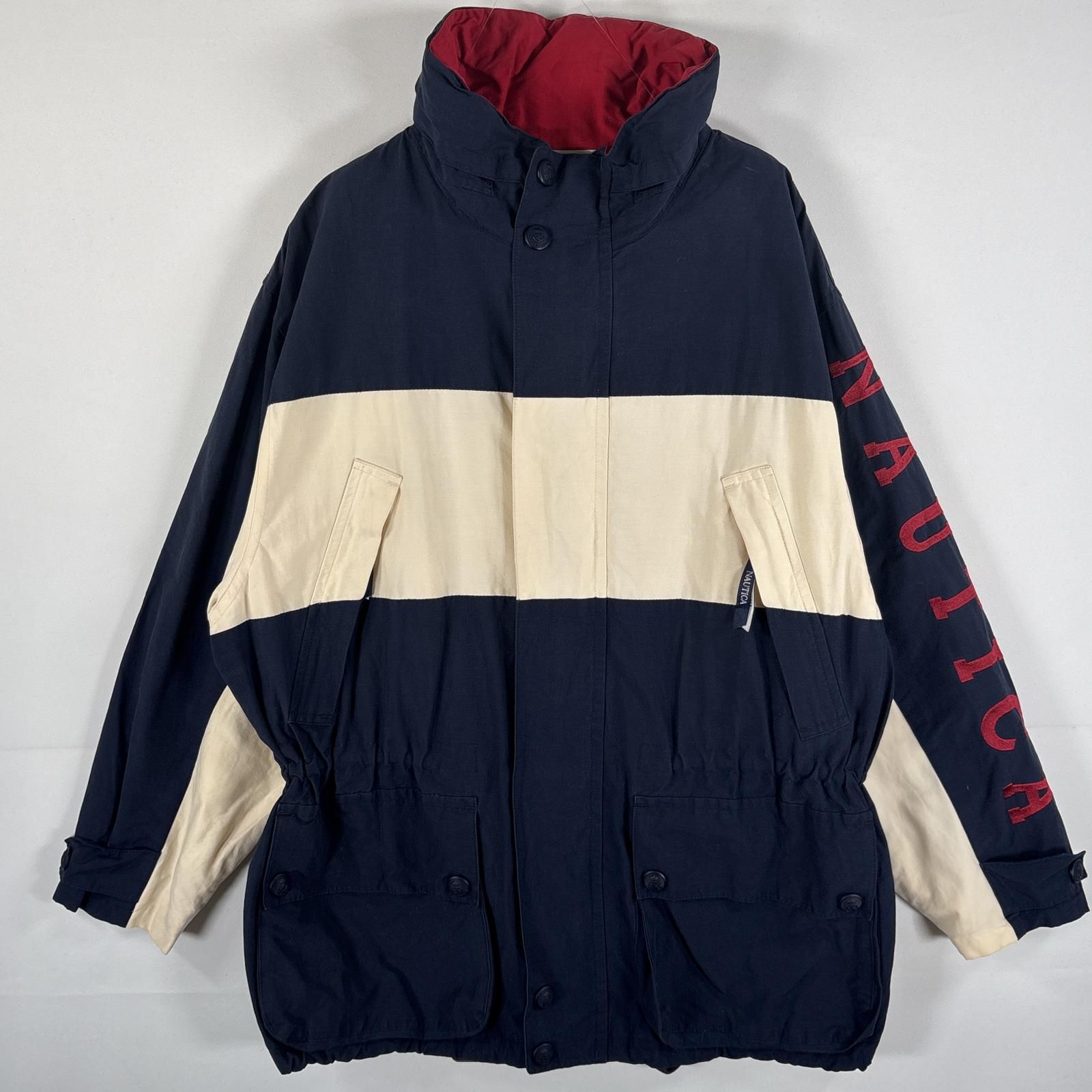 古着 90's/90年代 ノーティカ NAUTICA セーリングジャケット ビッグ刺繍ロゴ 収納フード付き 絞り調整可 M ベージュ ネイビー メンズ
