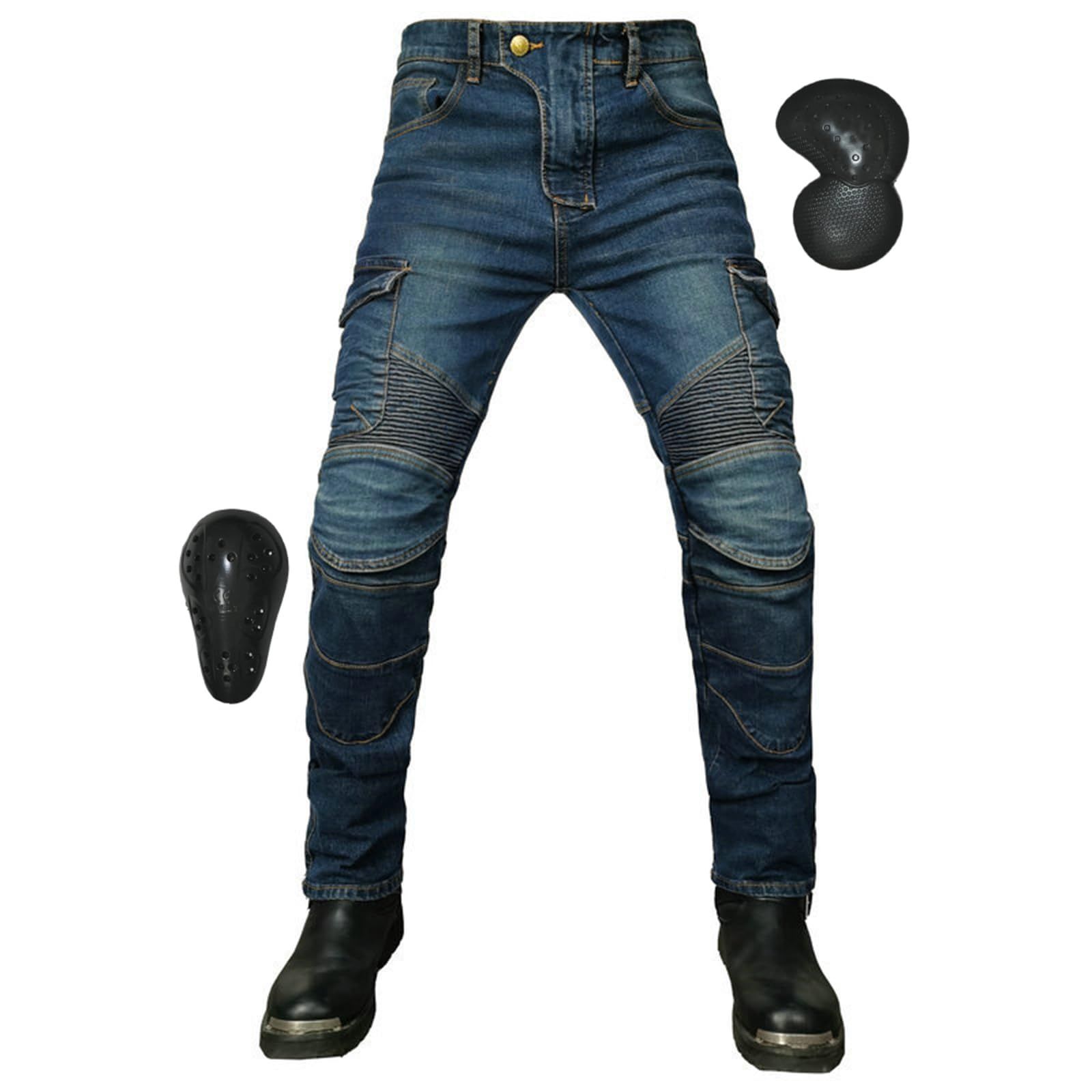 RENHE バイク パンツ メンズ ライディングパンツ ズボン プロテクター付き ライダースパンツ 春夏秋冬 バイクウェア バイク用ジーンズ 伸縮性 レーシングパンツ 耐磨 ブルー Sサイズ