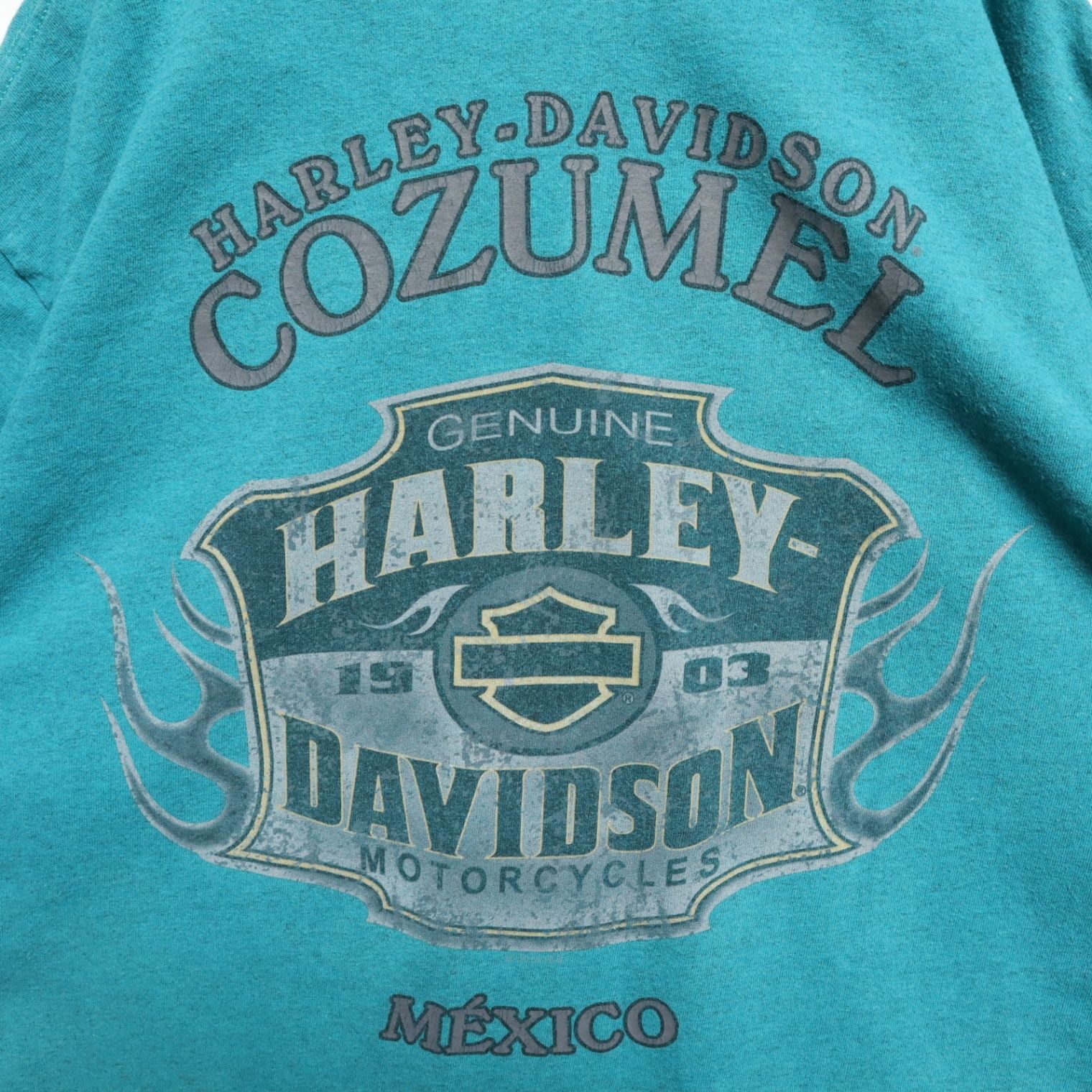 メンズM 【A品】 コピーライト HARLEY DAVIDSON ハーレーダビッドソン  半袖 リンガーTシャツ ビッグロゴ デカロゴ 両面プリント 無地 グリーン 緑 厚手  ヴィンテージ USA古着 K5b620