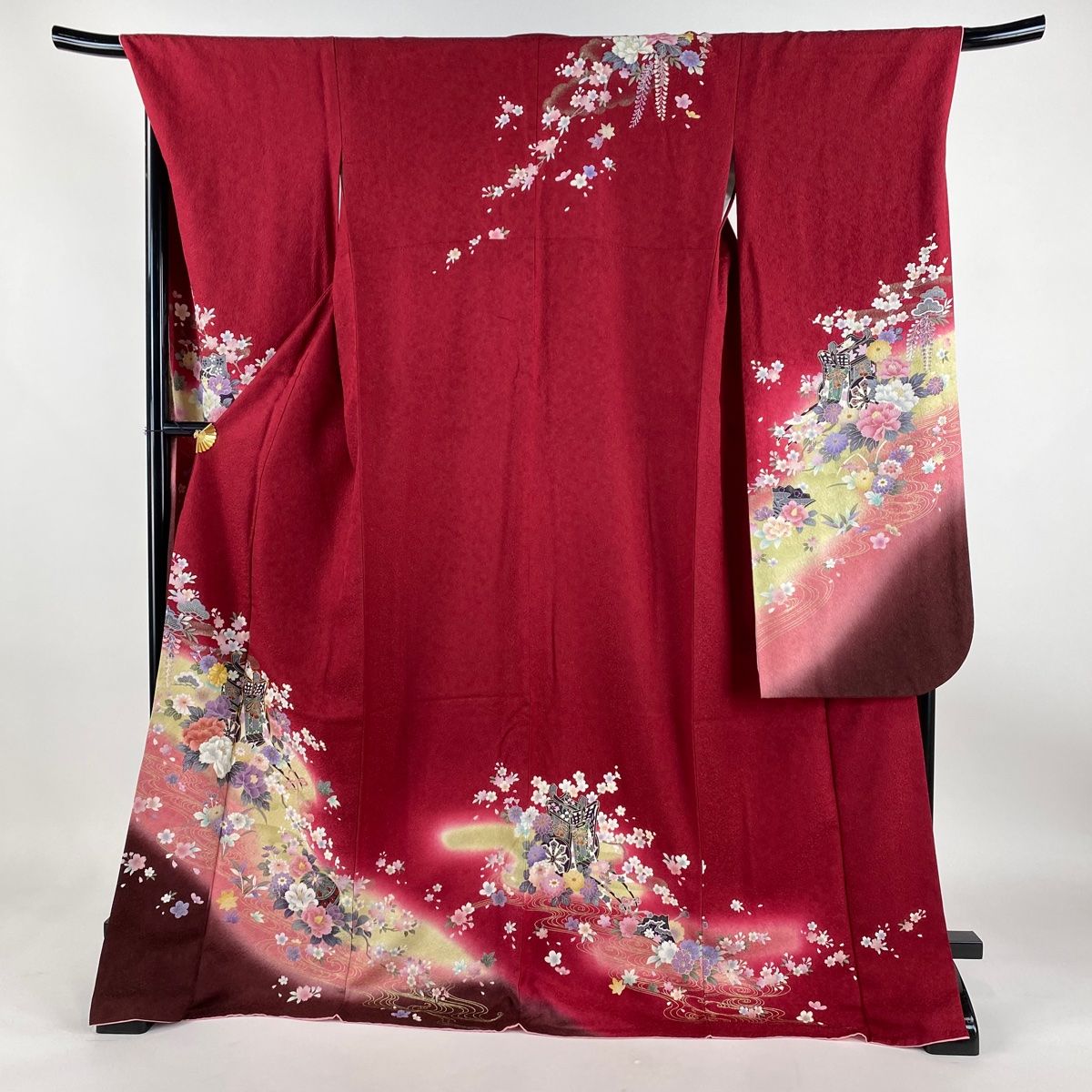 振袖 身丈174.5cm 裄丈68cm L 袷 御所車 牡丹 刺繍 銀通し 赤