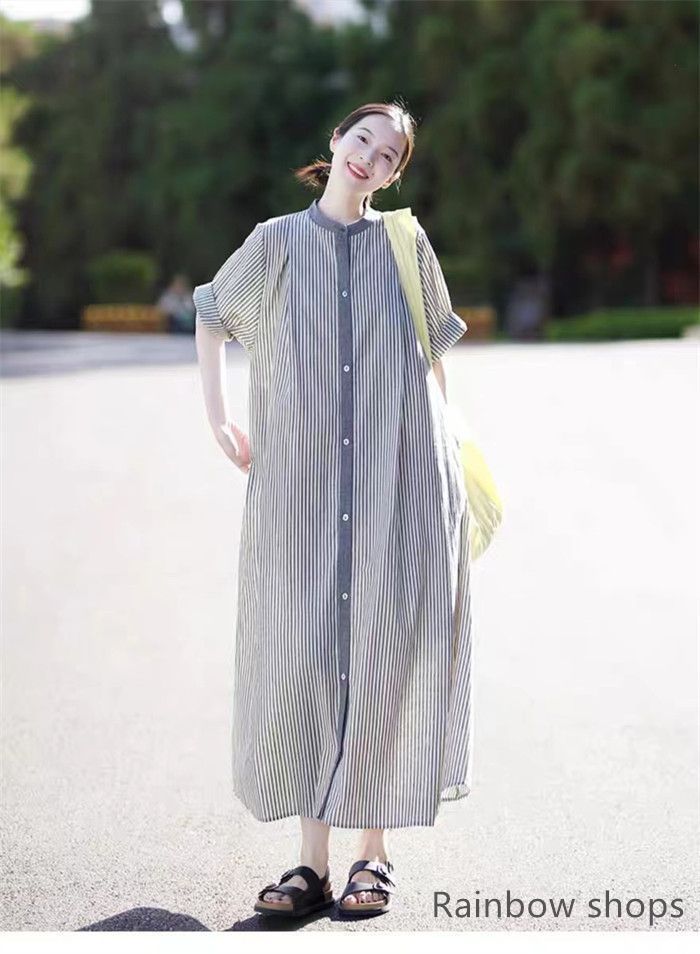 全 シャツワンピース 夏 ストライプ シャツワンピース レディース 半袖 ノー ロングワンピース 立ち襟 シャツワンピ ストライプ マキシ丈 ロング丈 前開き 大きいサイズ 体型カバー 着痩せ 大人514