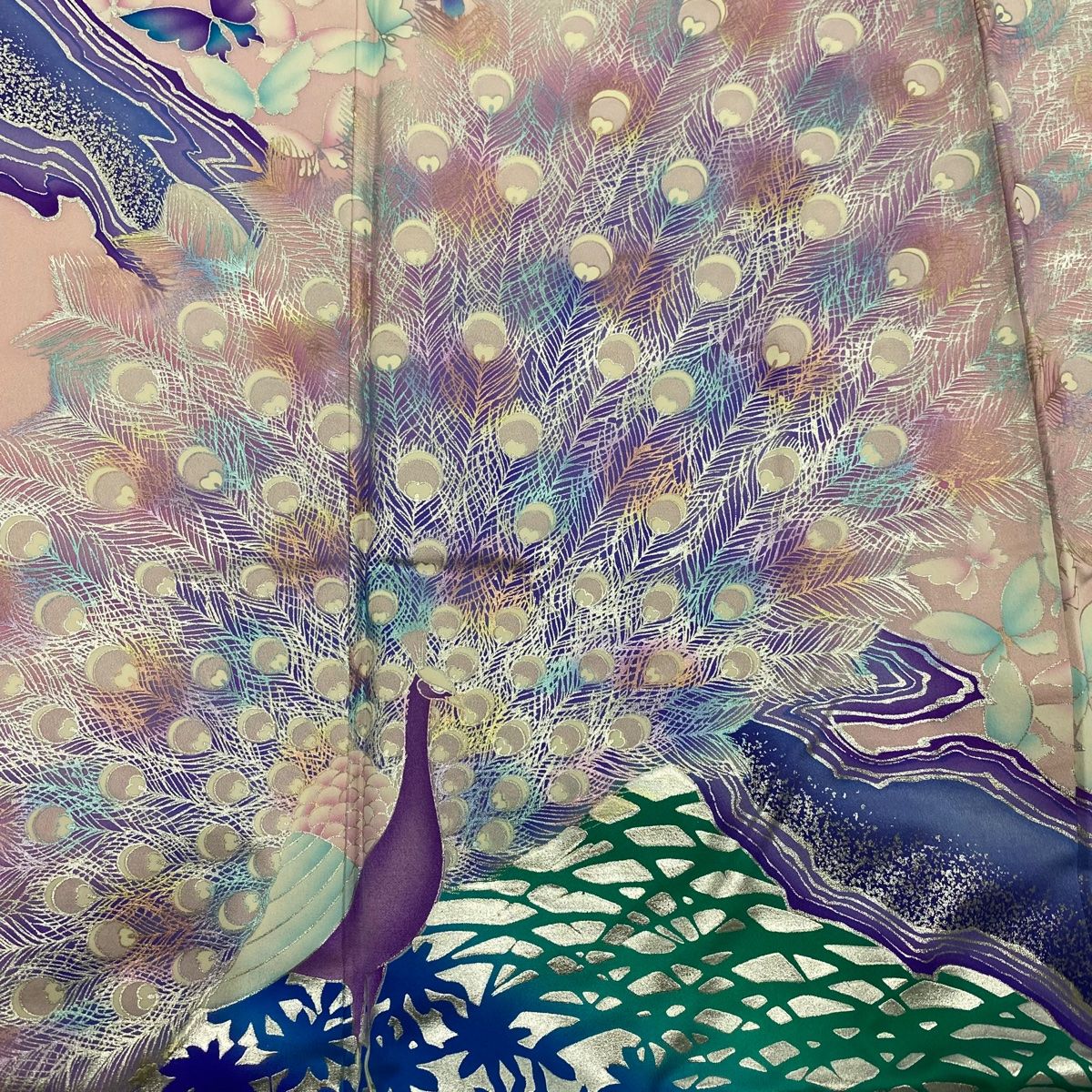 振袖 身丈155cm 裄丈65cm M 袷 秋山庄太郎 落款 鳥 幾何学模様 銀