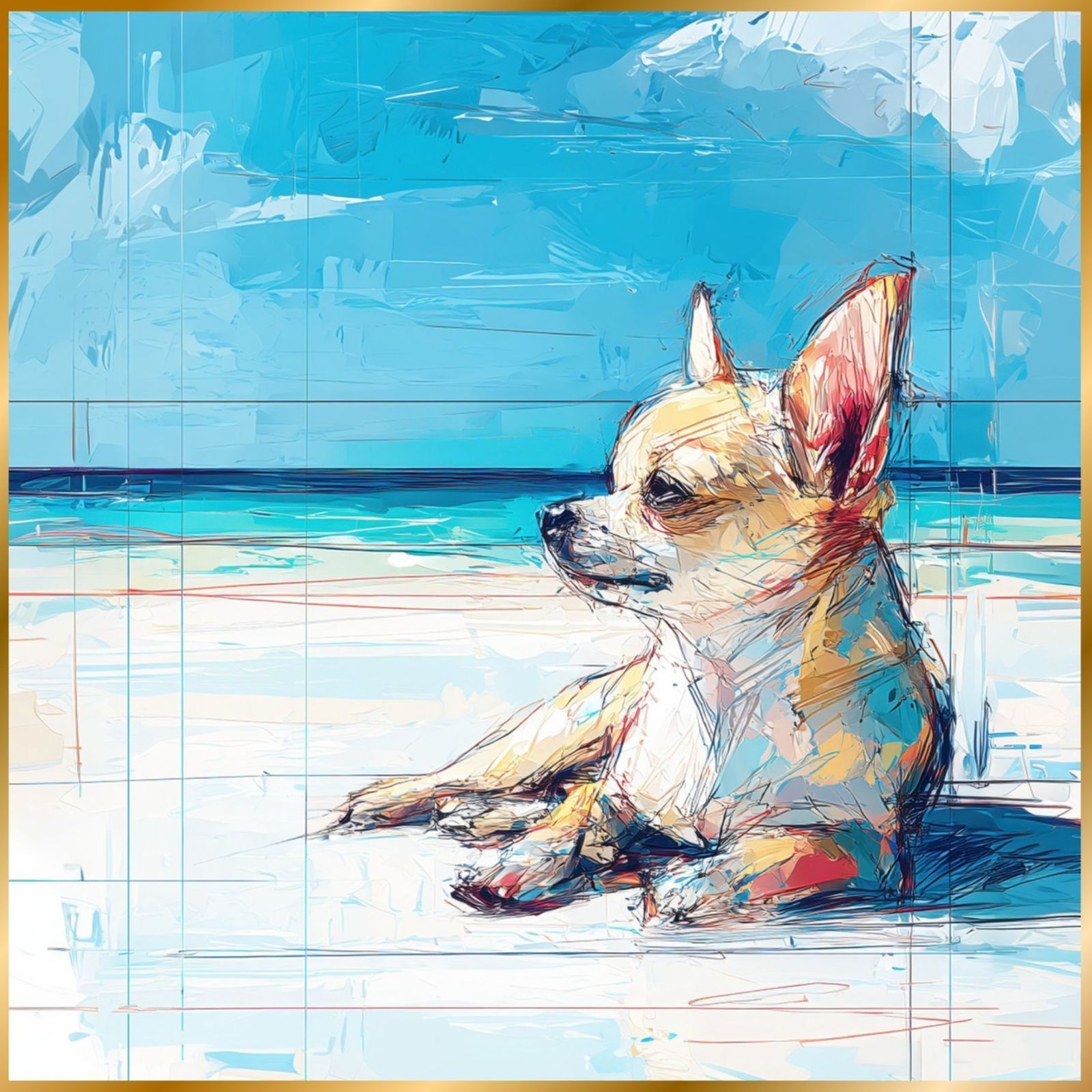 チワワ犬とビーチのスケッチ No.1 海 犬の絵 犬のイラスト おしゃれ ミニマリスト ミニマリズム シンプル インテリアアート ペットロス うちの子 記念日 アートポスター ギフト プレゼント
