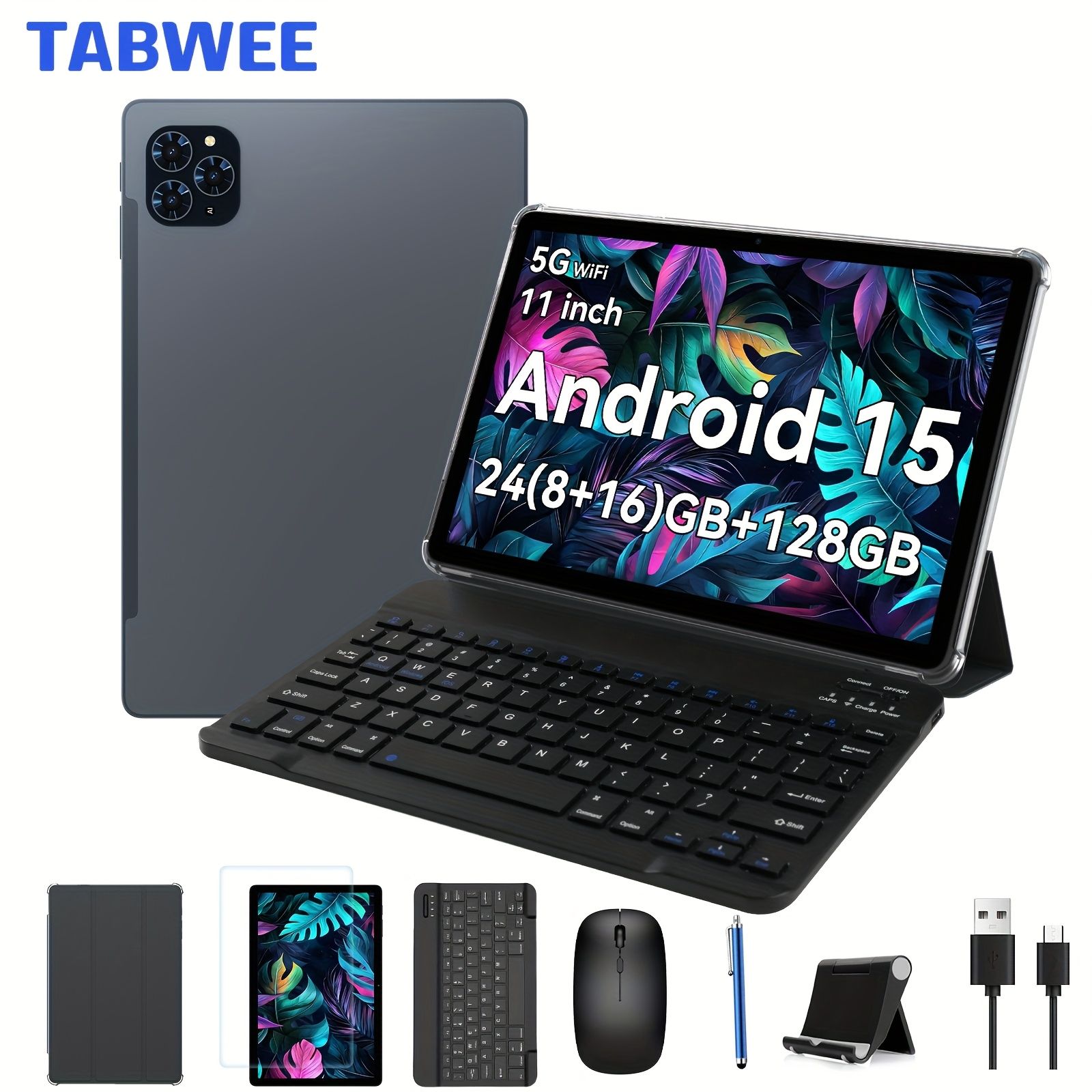 Tabwee T90 タブレット 11インチ Android 15 キーボード マウス ケース 電池不要のスタイラス付きタブレット 24 8 16 GB RAM 128GB ROM ストレージ 最大2TBまで拡張 Unisoc T615 CPU 8