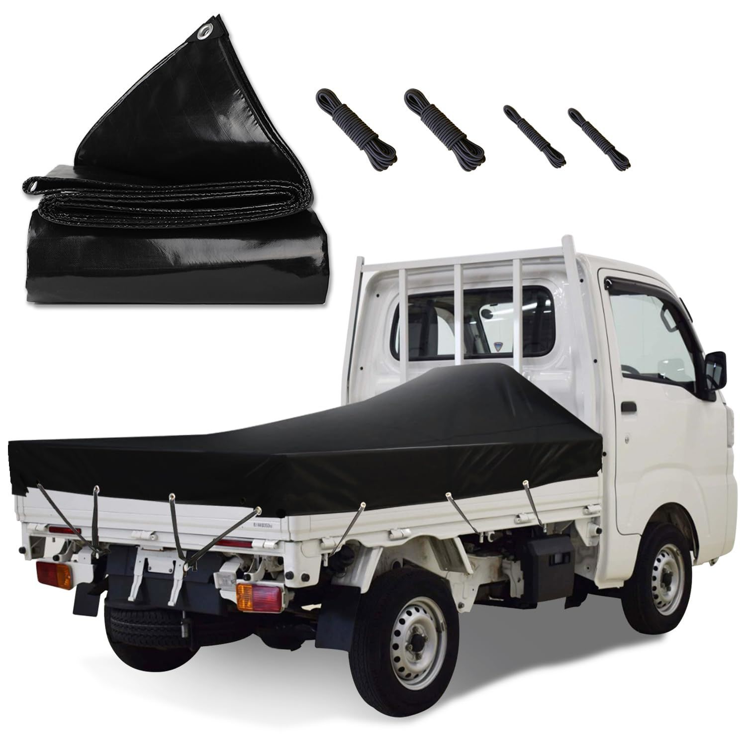 Size:1.9m×2.1m_Color:ブラック KUKUAN 荷台シート 防水シート 荷台カバー エステル帆布 防水仕樣 580ｇ/ PVC帆布 日焼け防止 軽トラック用 (黒， 1.9m×2.1m)