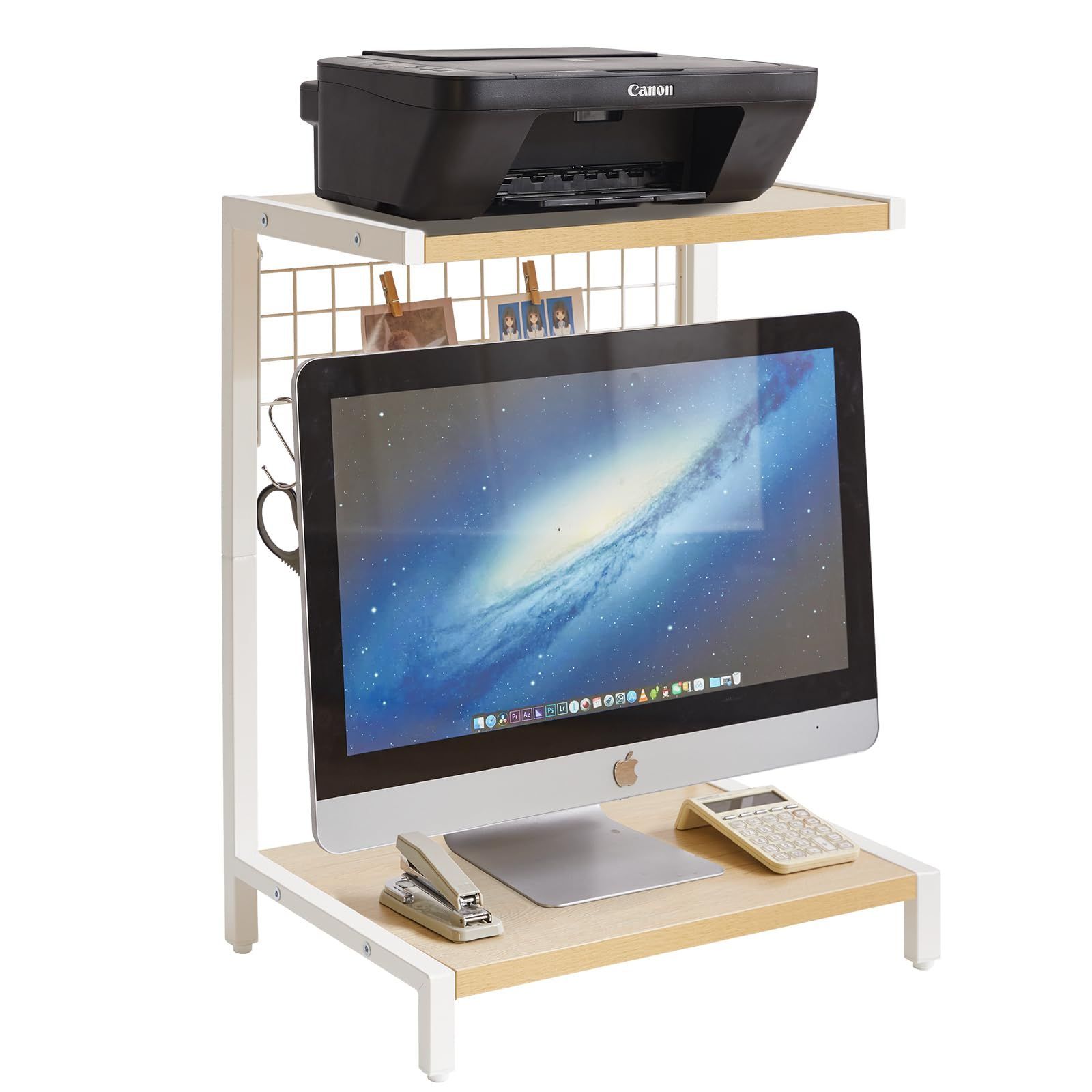 商品 デスクシェルフ 机上 ラック フックやクリップとペグボード付き モニター台 パソコン台 卓上 キーボード 収納 2段 プリンター台 台所 ラック 卓上整理 木の色 白 YD-DSR003R