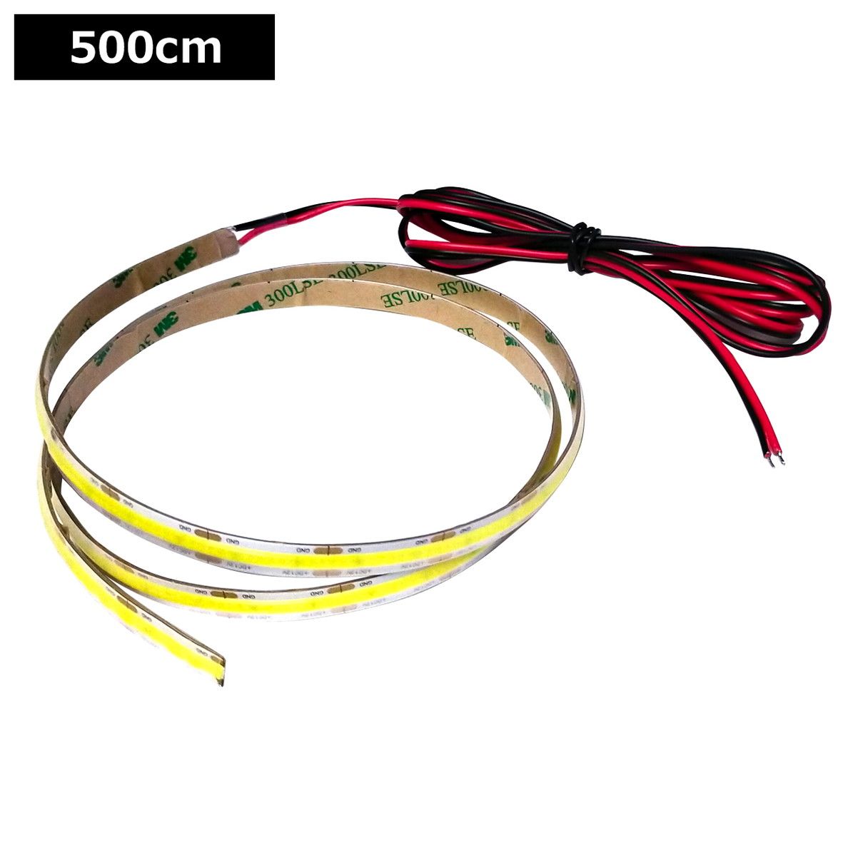 LEDテープライト 12V 500cm COB 白色 ドットレス 両端子 白ベース ケーブル1.5m