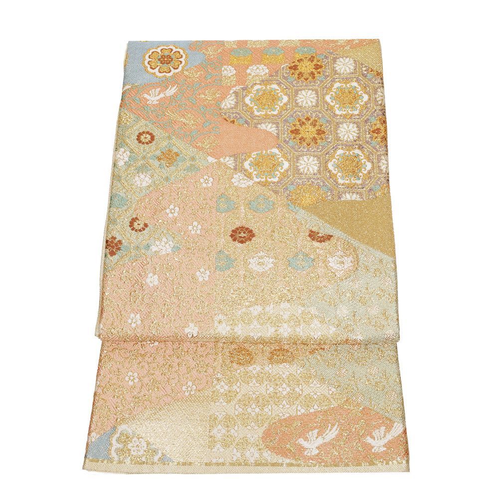 高級正絹袋帯、六通柄、唐花更紗文 礼装用 佐賀錦袋帯 正絹 金 朱色 緑 正倉院文様 唐花 華文 花鳥