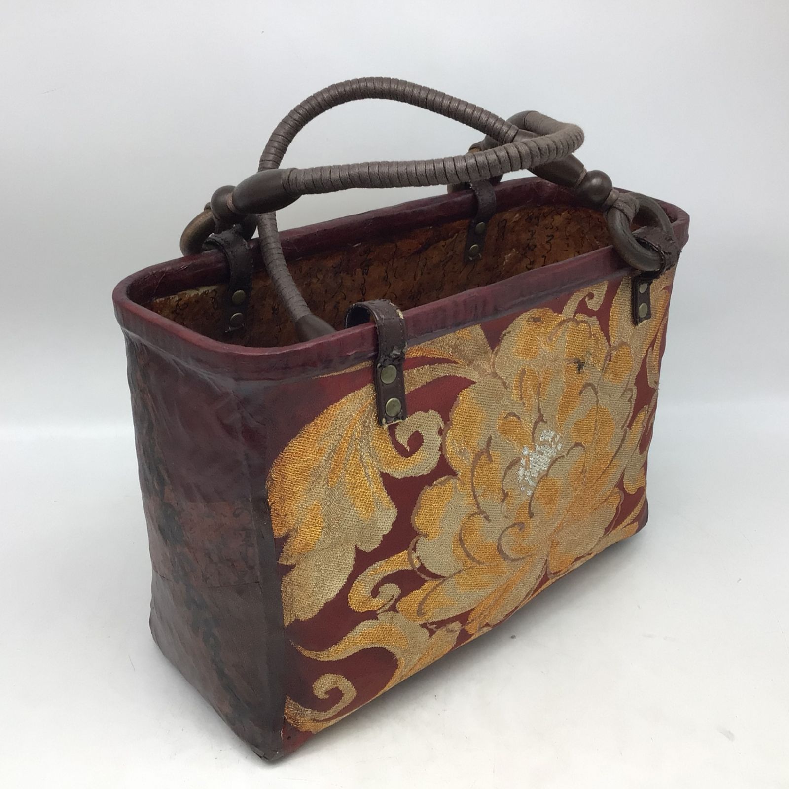 花と猫 一閑張り バッグ かごバッグ ハンドバッグ 茶トラ 古文書 和装