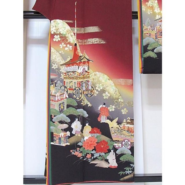 振袖 未使用 正絹一越 共八掛 幾久重袖 東山に鉾(祇園祭) 海老茶 152cm前後の方 超美品