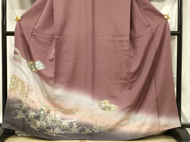 訪問着 貝合わせに熨斗 金彩花模様 豆青色 しつけ糸 K-3652 単衣】 螺鈿 金彩友禅 さが美謹製 花柄 訪問着 正絹 青緑
