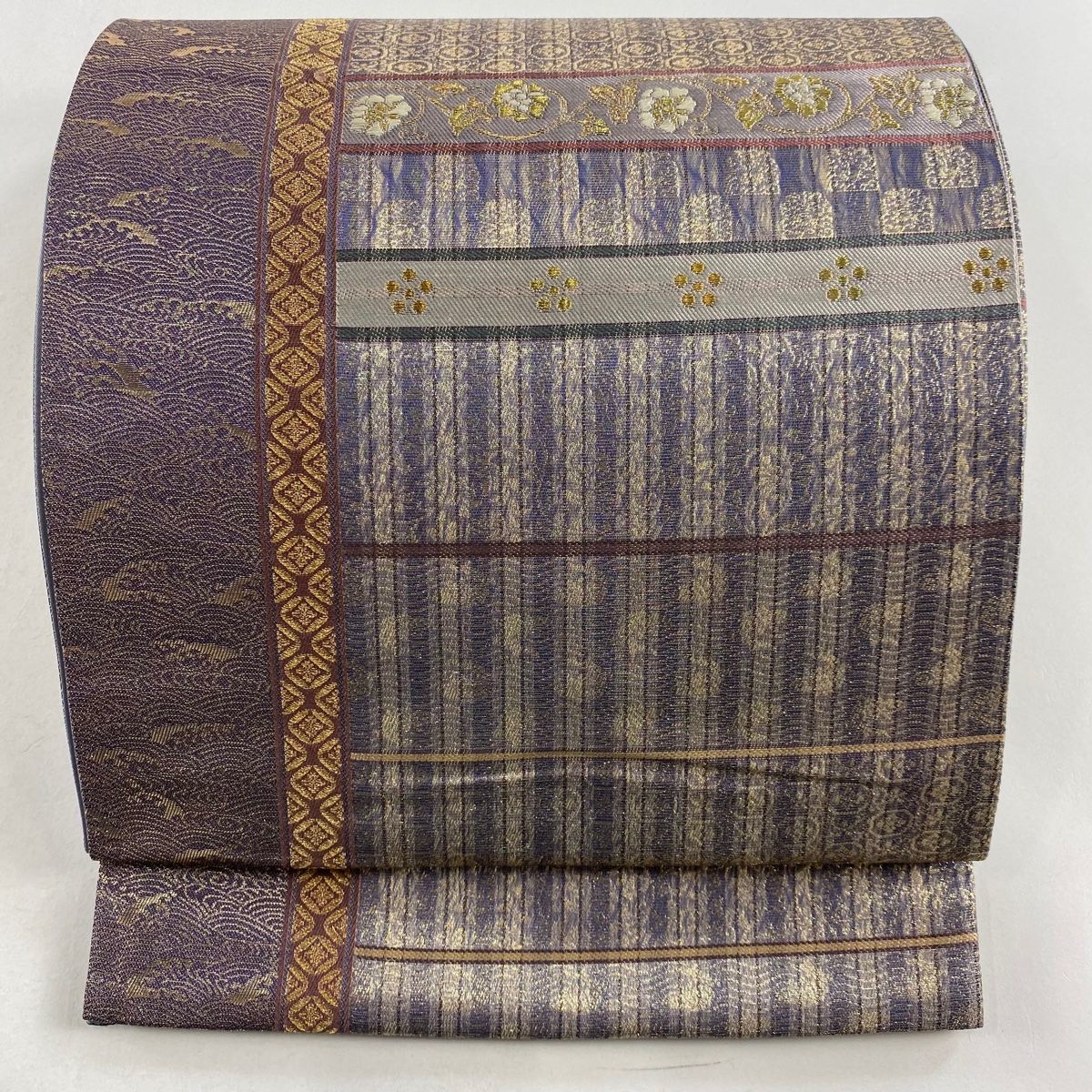 お得，安い 袋帯 美品 秀品 松竹梅 波 金糸 箔 灰紫 六通