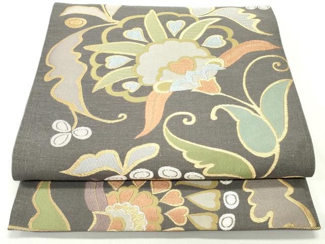 平和屋着物●京の匠日展作家　丹下雄介　六通柄袋帯　紬地　更紗花唐草文　金糸　正絹　逸品　DAAV9118ob 平和屋着物○京の匠日展作家 丹下雄介 六通柄袋帯 紬地 更紗花唐草文