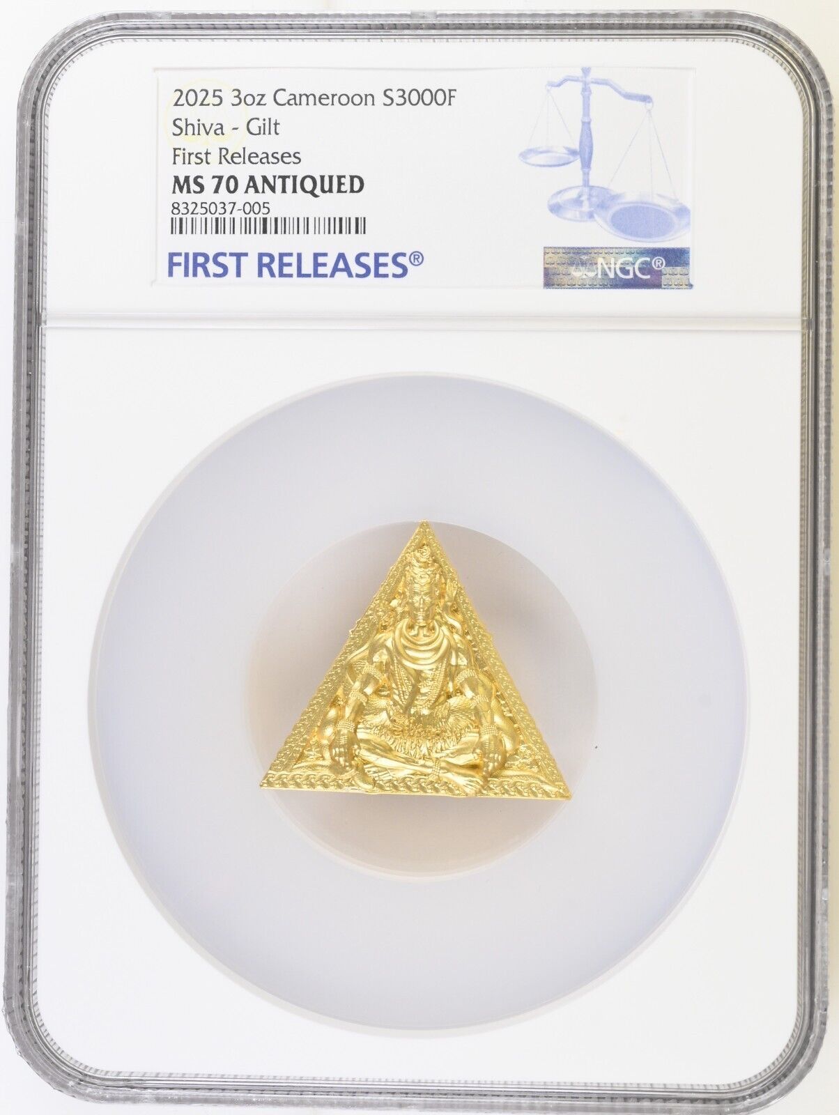 SHIVA Gilded Tri Coin 3 oz Silver 3000 Francs Cameroon 2025 NGC MS70 FR Pop2