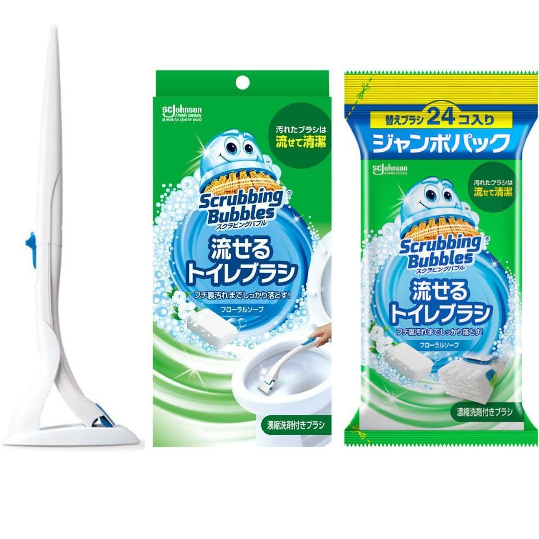 トイレ掃除 黒ズミ トイレ洗剤 ブラシ (4個+24個) 本体+付け替え用 使い捨て フローラルソープの香り 流せるトイレブラシ 洗剤 スクラビングバブル 【まとめ買い】