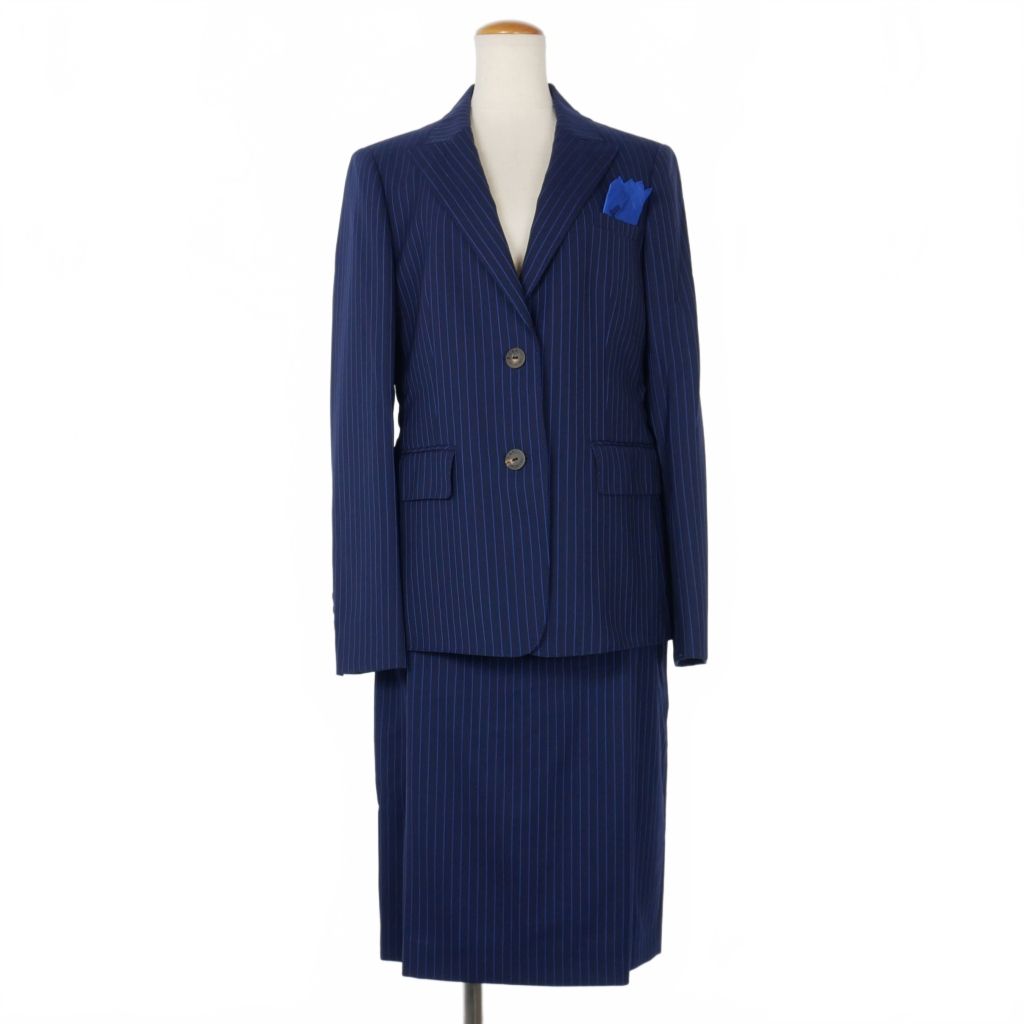ランバン LANVIN ランバンコレクション スカートスーツ セットアップ ジャケット ポケットチーフ付き ストライプ 紺 ネイビー