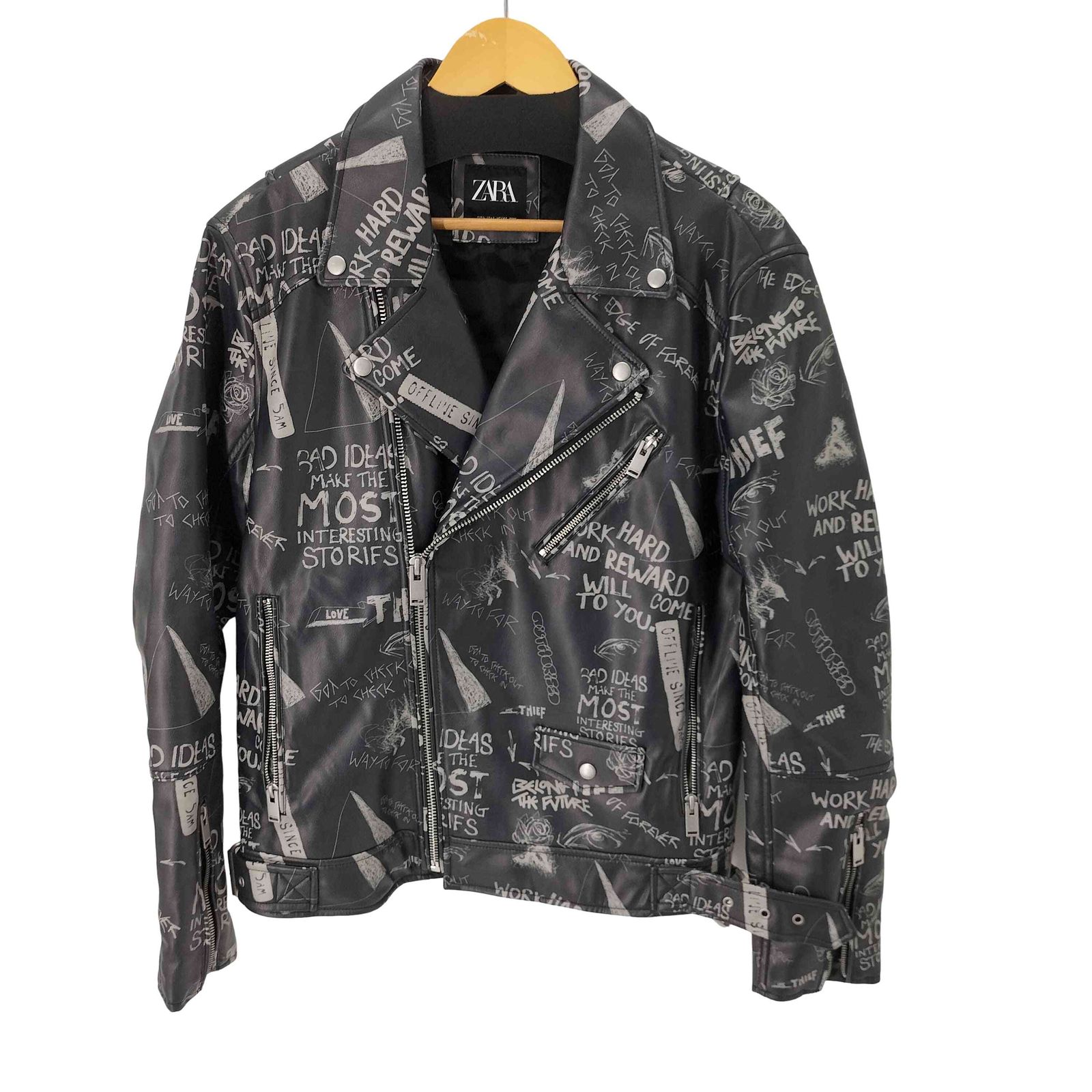 ザラ ZARA FAUX LEATHER PRINTED DOUBLE RIDERS JACKET ペイントデザインダブルライダースジャケット メンズ import：L 