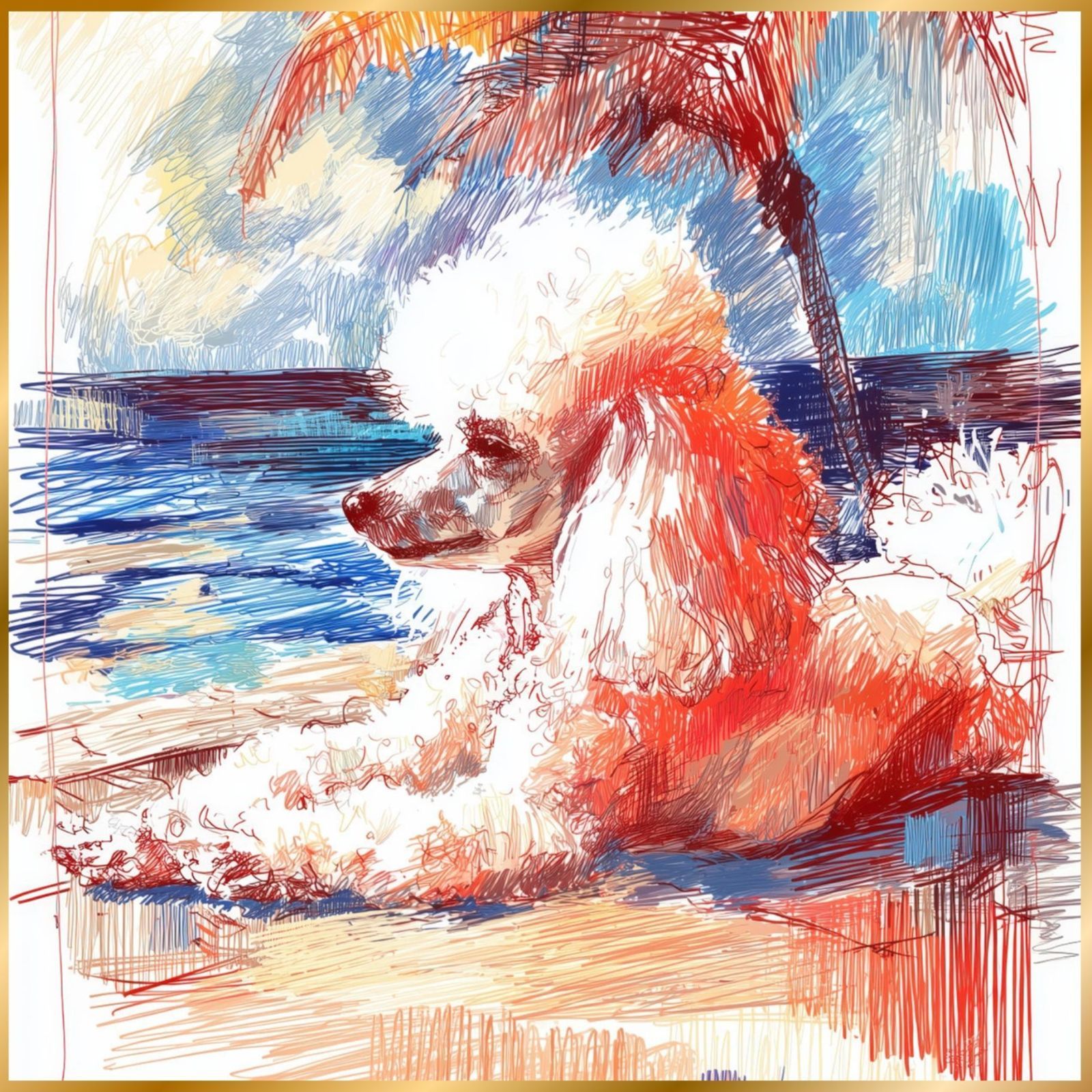 プードル犬とビーチのスケッチ No.7 トイプードル 海 犬の絵 犬のイラスト おしゃれ ミニマリスト ミニマリズム シンプル インテリアアート ペットロス うちの子 記念日 アートポスター ギフト プレゼント
