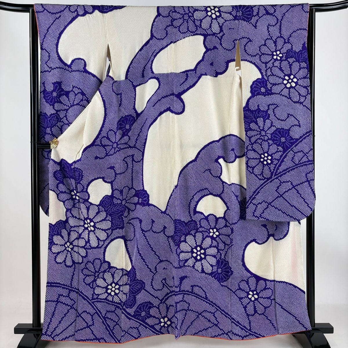 振袖 身丈162cm 裄丈65cm M 袷 菊 波頭 総絞り 紫 正絹 秀品