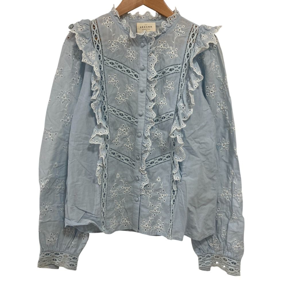 美品 SEZANE セザンヌ 長袖 フリルレース ブラウス シャツ サイズ34 ライトブルー レディース 古着 中古 美品 SEZANE セザンヌ 長袖 フリルレース ブラウス シャツ
