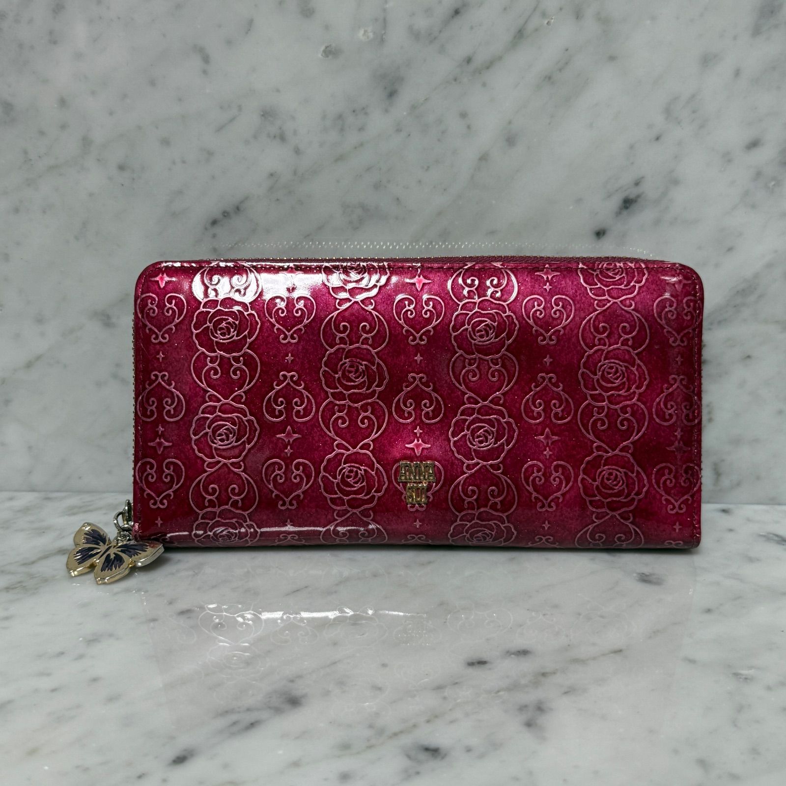 ANNA SUI アナスイ ラウンドファスナー 長財布 バラ 花柄 ゴールド 金 